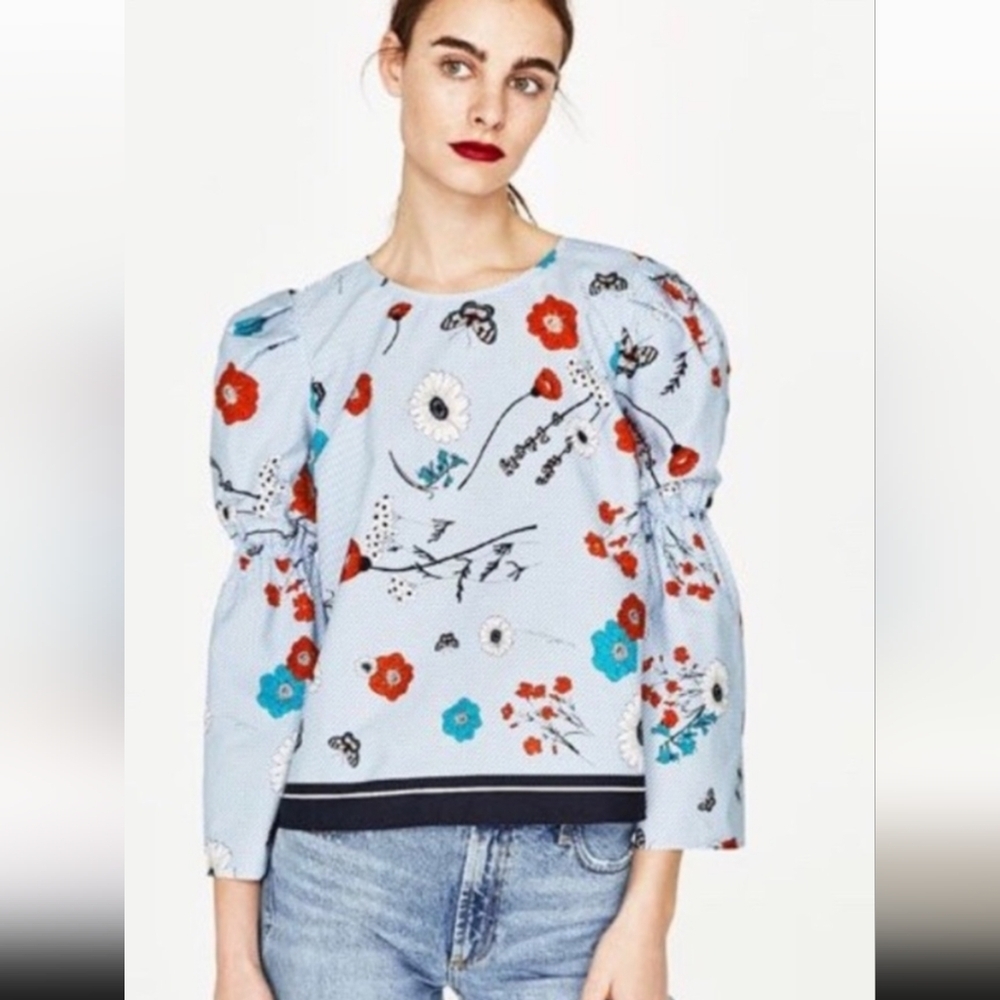 Zara Blue Stripe Floral Top